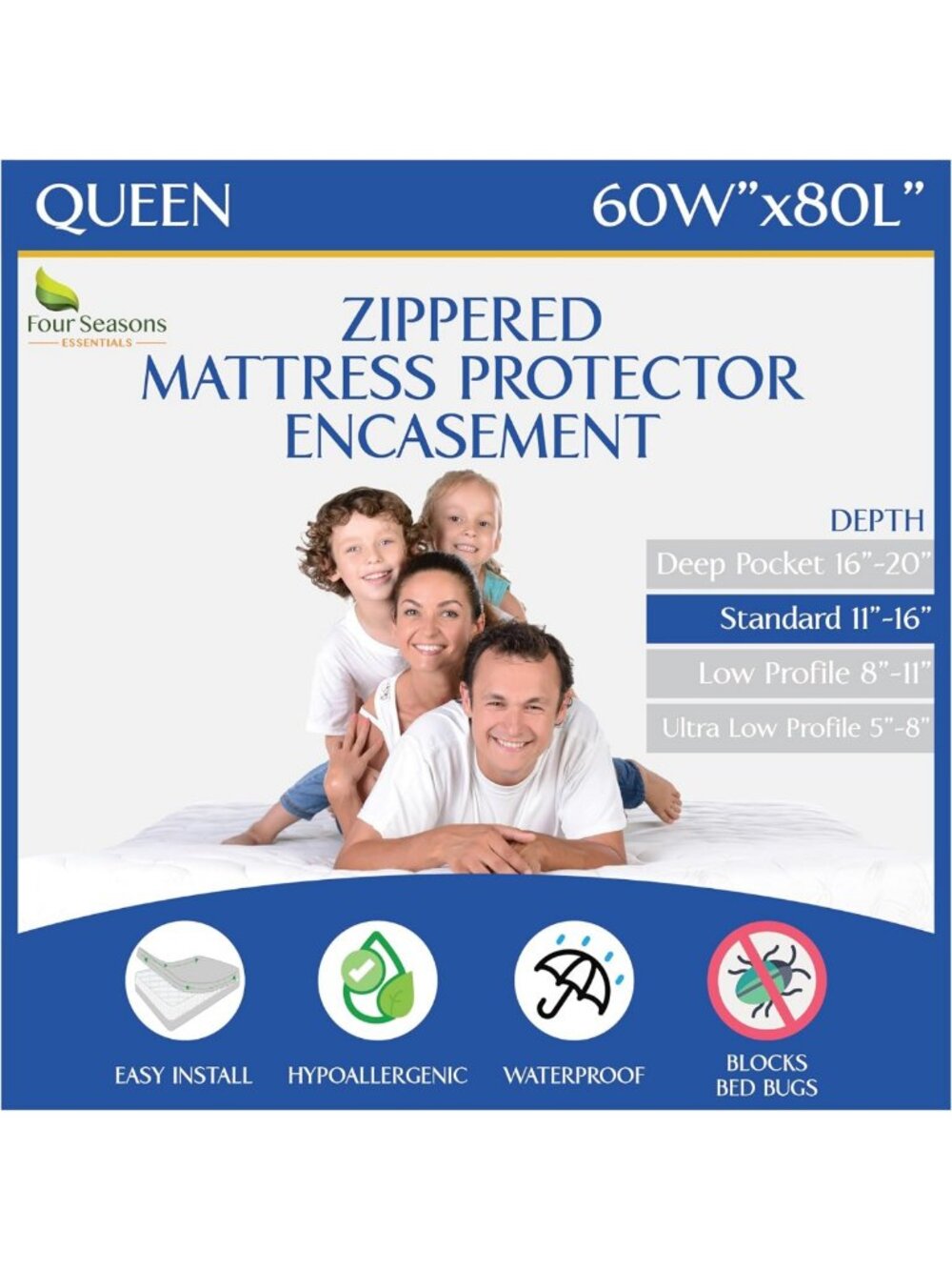 Premium Waterproof Queen Mattress Protector | Zippered Encasement Cover, White